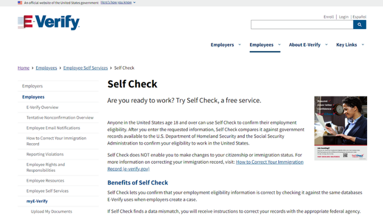 Screenshot of free government Self Check background check from E Verify website