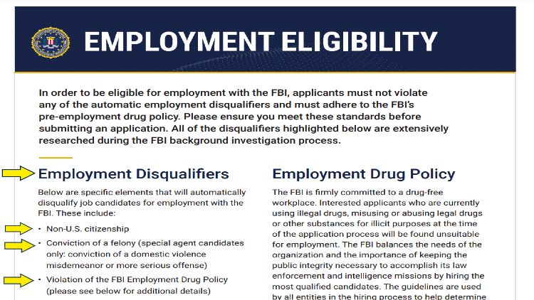FBI employment eligibility webpage screenshot with yellow arrows pointing to federal employment background check disqualifiers. 