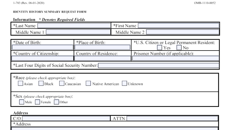 Screenshot of the Identity History Summary Request Form used to run a federal background check on yourself. 