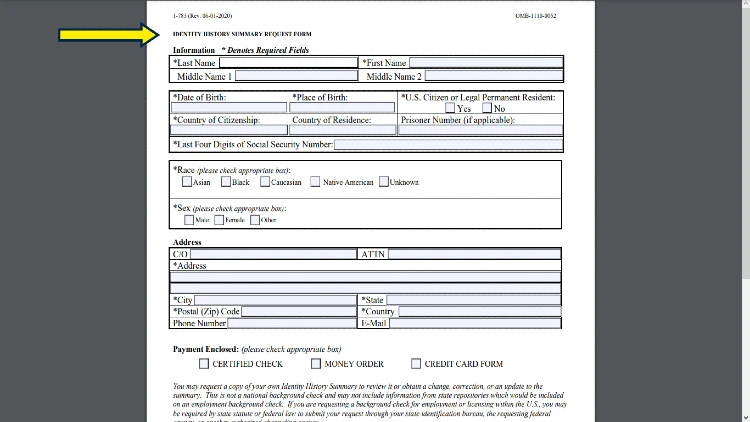 Screenshot of FBI's request form with yellow arrow pointing to identity history summary request title. 