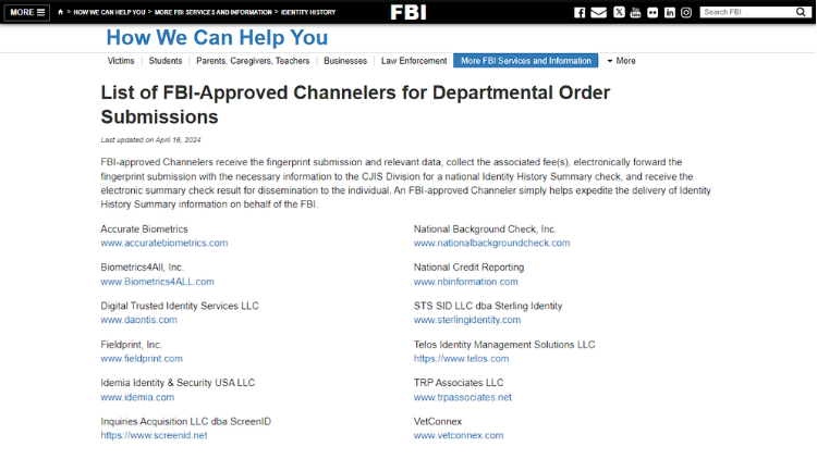 FBI Website screenshot of list of approved channelers for requesting background check.