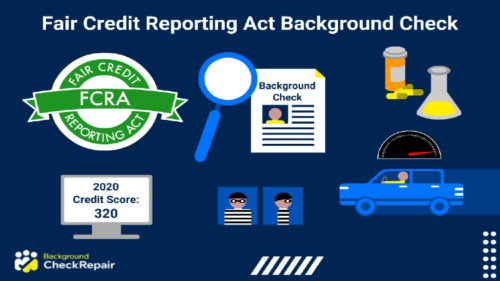 Fair credit reporting act background checks in the center with green FCRA seal on the left and an online background check shown on a computer screen underneath with a man’s mugshots under the FCRA background check disclosure and on the right, illegal drugs and a vehicle speeding.