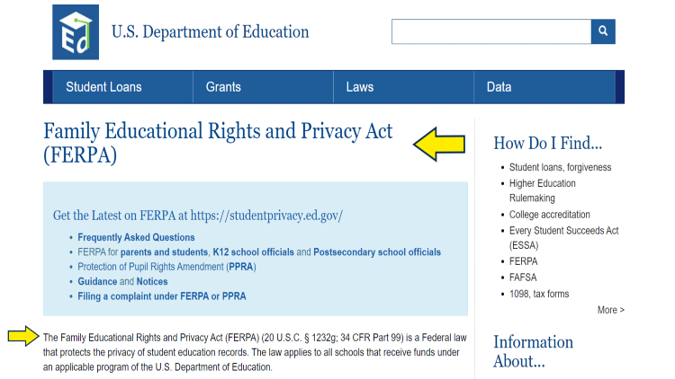 US Dept of education family educational rights and privacy act explained with yellow arrows pointing to FAQs and the act. 