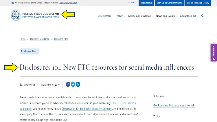 Federal Trade Commission Website screenshot outlining new disclosures for social media influencers. 