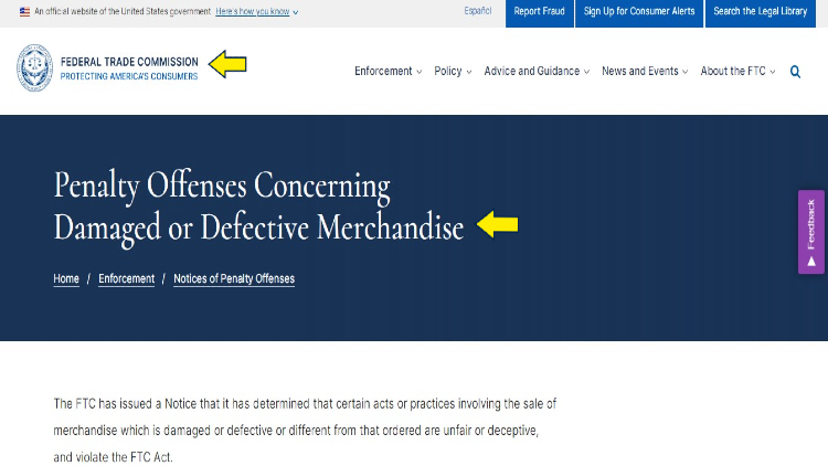 FTC screenshot about penalty offenses for damaged or defective merchandise. 