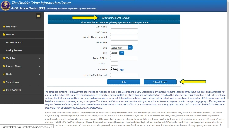 FL Crime Information Center Screenshot portal for searching people who are wanted by state law enforcement with yellow arrow pointing to the submit button. 
