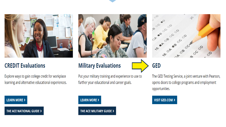 Dept of Education website screenshot with yellow arrow pointing to GED requirements. 
