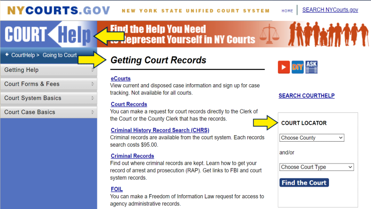 New York Court Help screenshot portal with yellow arrows pointing to court locators and how to get court records. 
