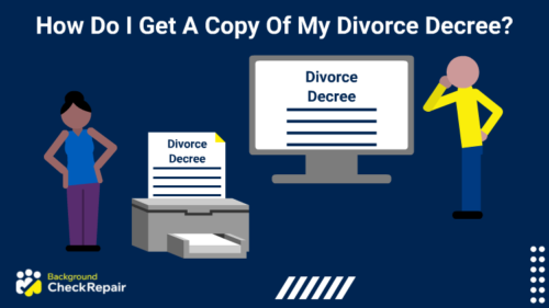 Woman standing with hands on hips on the left watching a divorce decree certified record being faxed while a man on the right wonders how do I get a copy of my divorce decree online, a certified copy while looking at a large computer screen.