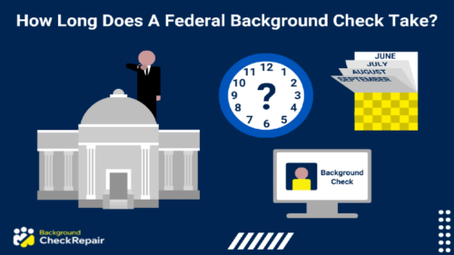 Court building on the left with an FBI agent wearing a black suit above it looking at his watch and a clock in the middle with a question mark instead of hands and a calendar on the right with pages flipping through the months and below it, a computer screen with an online background check record showing how long does a federal background check take.