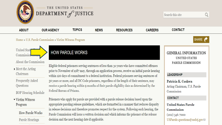 Department of Justice screenshot explaining how parole works in the US for federal offenders. 