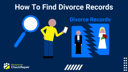 Man holding a smart phone bends over looking at a wedding picture that has been split in two with a magnifying glass over his shoulder learning how to find divorce records online for free.