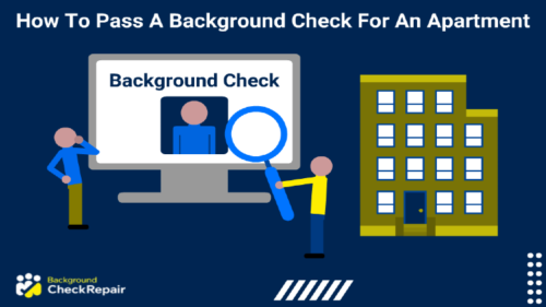 Man on the left looks up at a giant computer screen showing an online background check report with his hand on his chin, thinking how to pass a background check for an apartment, while another man in a yellow short holds up a magnifying glass to the tenant background check and an apartment building is situated on the right.