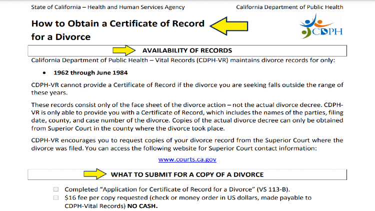 State of California Dept of Health screenshot for how to obtain a certificate of record for divorce. 