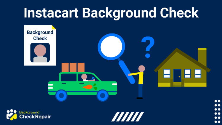 Man questioning an Instacart background check document on the left, with an Instacart shopper driving toward him and a house on the right wondering if he had an Instacart background check denied based on past driving history.