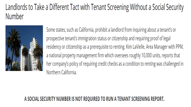 California information screenshot explaining that certain questions are not allowed to be asked on a tenant background check, inlcuding the need for a social security number. 