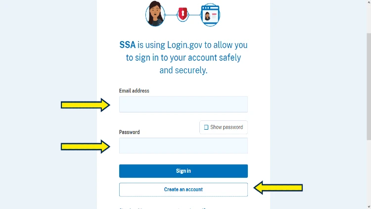 Screenshot of the Social Security Administration login tool with yellow arrows pointing to email address and password entry and the create an account button which allows people to check their SSN for employment. 