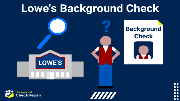 Man wearing a red vest stands with hands on his hips and a question mark over his head, in between a lowes home improvement store, that has a magnifying glass above it, and a Lowes background check document waiting to go to work.