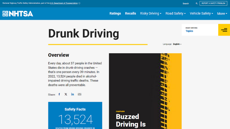 NHTSA Drunk Driving overview page screenshot.