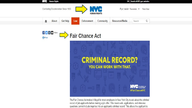 NYC Fair Chance Act Screenshot explaining how criminal record and felonies can be removed. 
