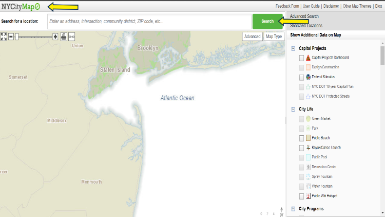 Map screenshot of NYC that allows users to search for locations. 