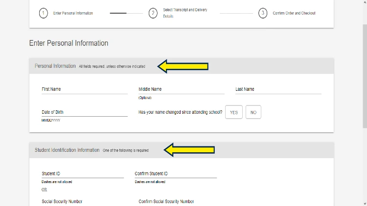 Education verification check screenshot with yellow arrows pointing to personal and student information to include in the education background check request. 