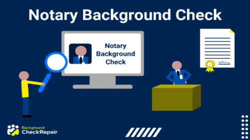 Man in yellow shirt on the left holds up a big magnifying glass to a computer screen showing an online notary background check report, while a notary signing agent sits behind a desk on the right with a notarized document behind him.