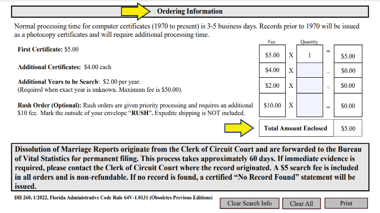 Ordering copy of divorce decreee ordering information form with yellow arrows pointing to total amounts. 