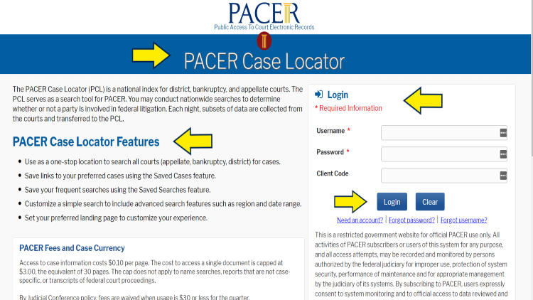 PACER case locator screenshot with yellow arrows pointing to login entry boxes and locator features. 