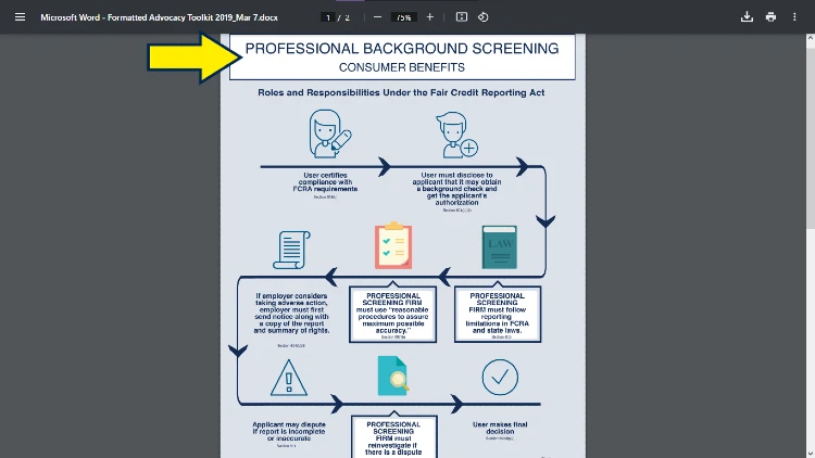 Professional background screening PDF screenshot showing a flow chart process of having a fair credit reporting act backgorund check done accurately and legally. 
