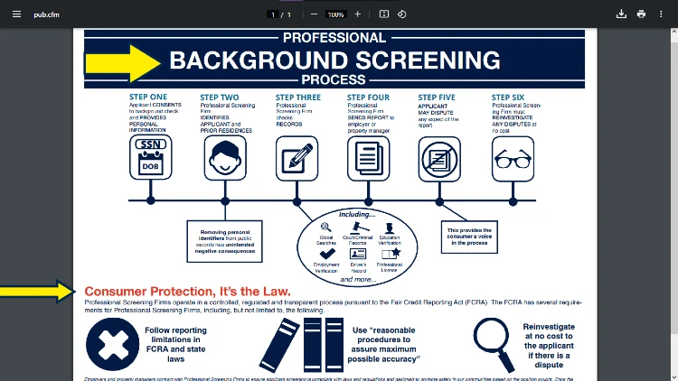 FCRA professional background screening process outlined by six steps with yellow arrow pointing to title of the graphic and consumer protection law. 