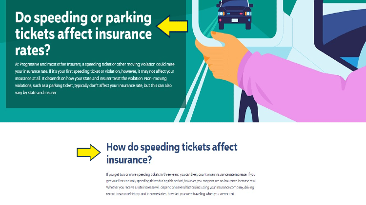 Do speeding tickets and parking tickets affect insurance rates screenshot with ywllow arrow pointing to the explanation of when they cause raises in rates. 