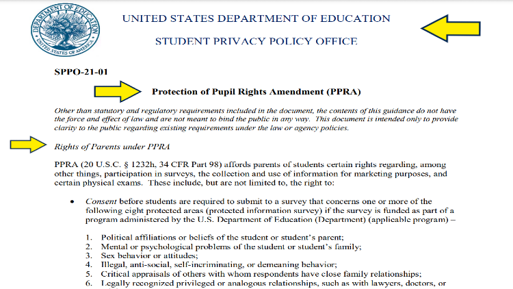 United States Department of Eudcation privacy policy screenshot with yellow arrows pointing to pupils rights amendment and the rights under PPRA. 