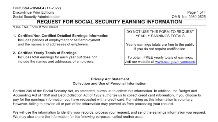 Screenshot of SSA-7050-FA Request for social security earning information that people can use to run an employment history background check on myself. 