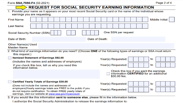 Form SSA-7050-F4 request for social security earning information with yellow arrow pointing to title. 
