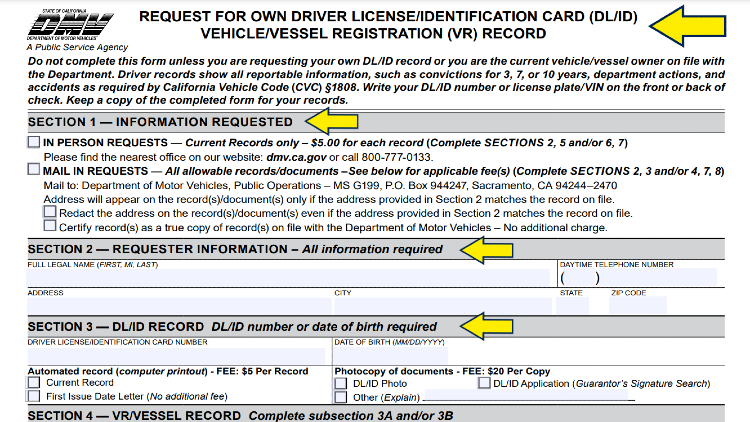 DMV Request for own drivers license identification care or vehicle registration form with yellow arrows pointing to entry blanks. 