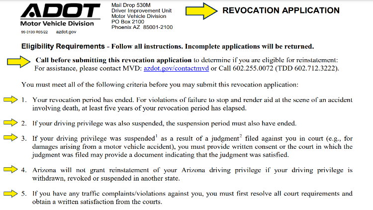 Arizona DOT screenshot with eligibility requirements for revocation application, with yellow arrows pointing to steps to take to renew a driver's license that has been suspended.