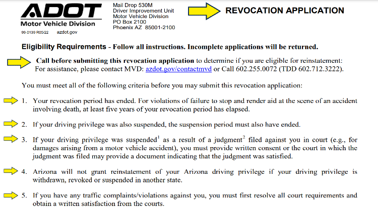 Arizona DOT screenshot with eligibility requirements for revocation application, with yellow arrows pointing to steps to take to renew a driver's license that has been suspended. 