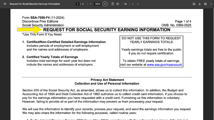 Form SSA-7050-F4 request for social security earning information with yellow arrow pointing to title. 