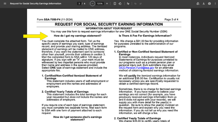Screenshot of the SSA website explaining how to request personal eraning information which outlines all jobs where taxes were withheld.