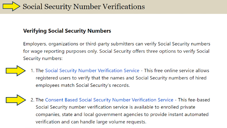 SSA website screenshot with yellow arrows pointing to how to verify social security numbers legally using the verification service and consent based verification service. 