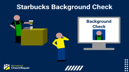 Starbucks employee standing behind a counter handing out a cup of cold brew coffee wearing a green apron on the left, while a man in a yellow shirt looks right with his hand on his chin to a computer screen that features his Starbucks background check report results.