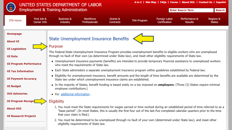 US depat of labor employment and training administration screenshot with yellow arrow pointing to heading state unemployment insurance benefits and the purpose and eligibility laws. 