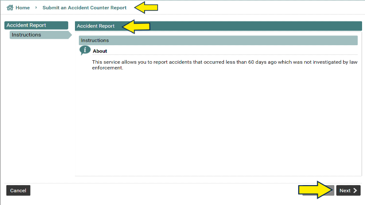 How to create an accident report screenshot with yellow arrows pointing to search options. 