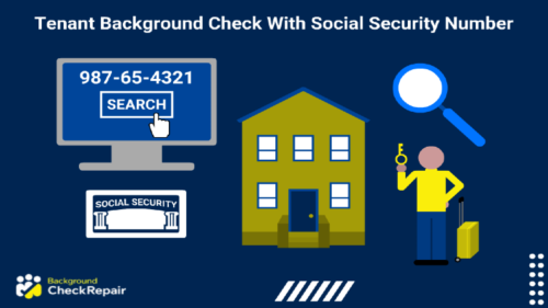 Tenant background check with social security number being searched on a computer screen on the left, with a social security card underneath it and a rental home in the middle with a landlord on the right with a suitcase holding up a key in his hand as a magnifying glass hovers over his head.