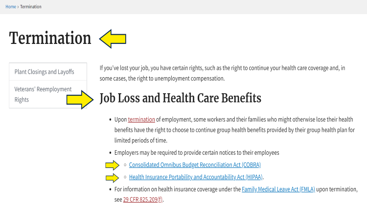 Government website screenshot explaining termination laws with yellow arrows pointing to job loss and health care benefit laws. 