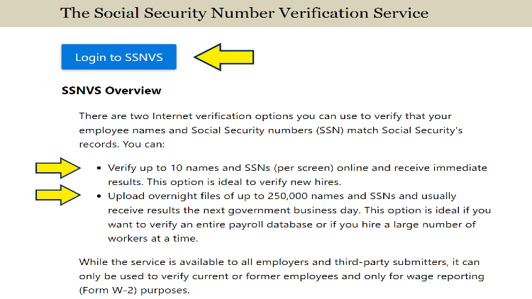Screenshot of the social security number verification service with yellow arrow pointing to login button. 