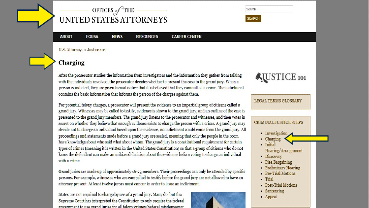 Office of US Attorneys screenshot with yellow arrows pointing to charging processes outlined by law. 
