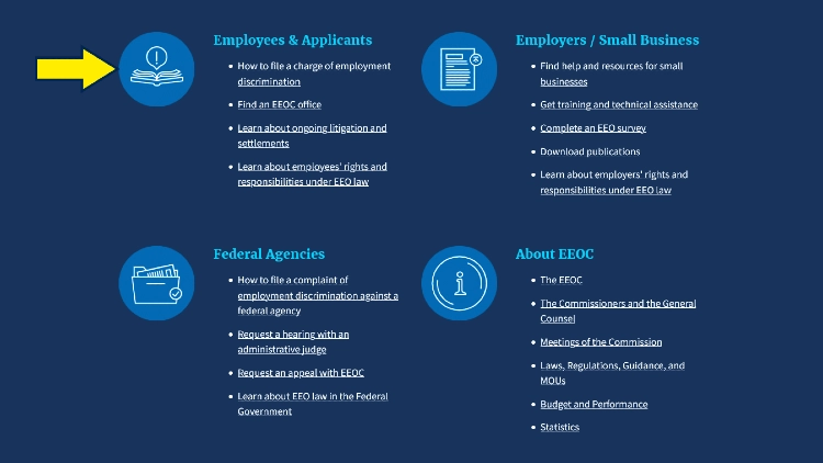 EEOC screenshot of employer rules and regulations concerning discrimination and general counsel. 
