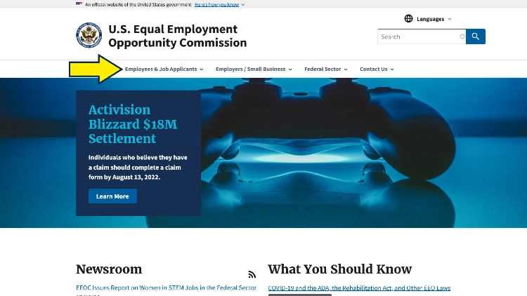 US EEOC website screnehsot with large yellow arrow pointing to menu item about employees and job applicants. 
